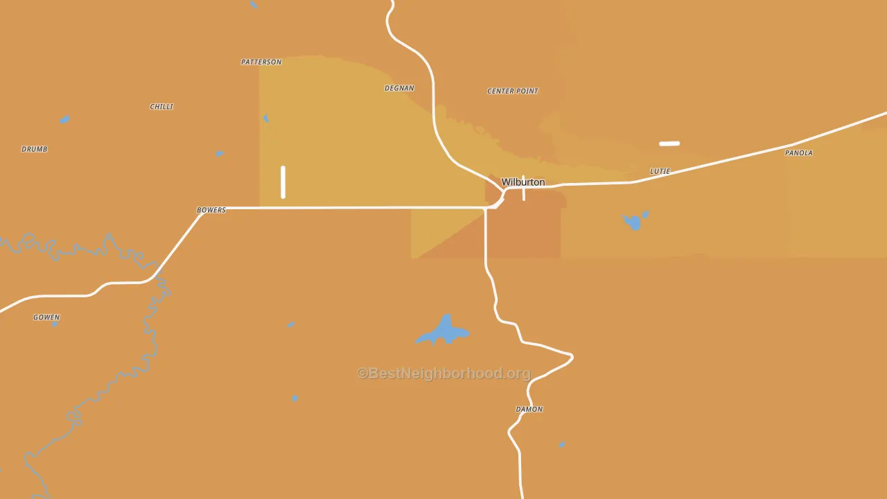 Map of the best neighborhoods in the 74578 area, with better matches in green and worse matches in red