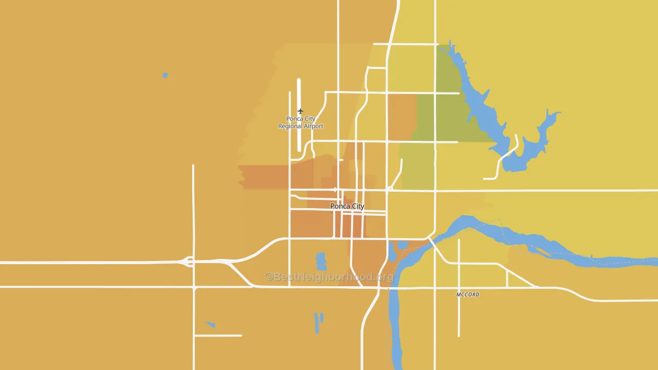 Map of the best neighborhoods in the 74601 area, with better matches in green and worse matches in red