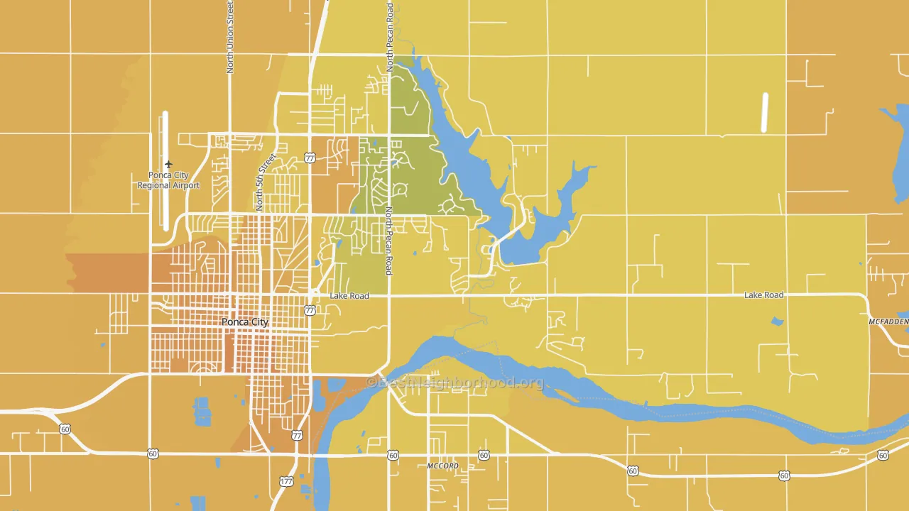 Map of the best neighborhoods in the 74604 area, with better matches in green and worse matches in red