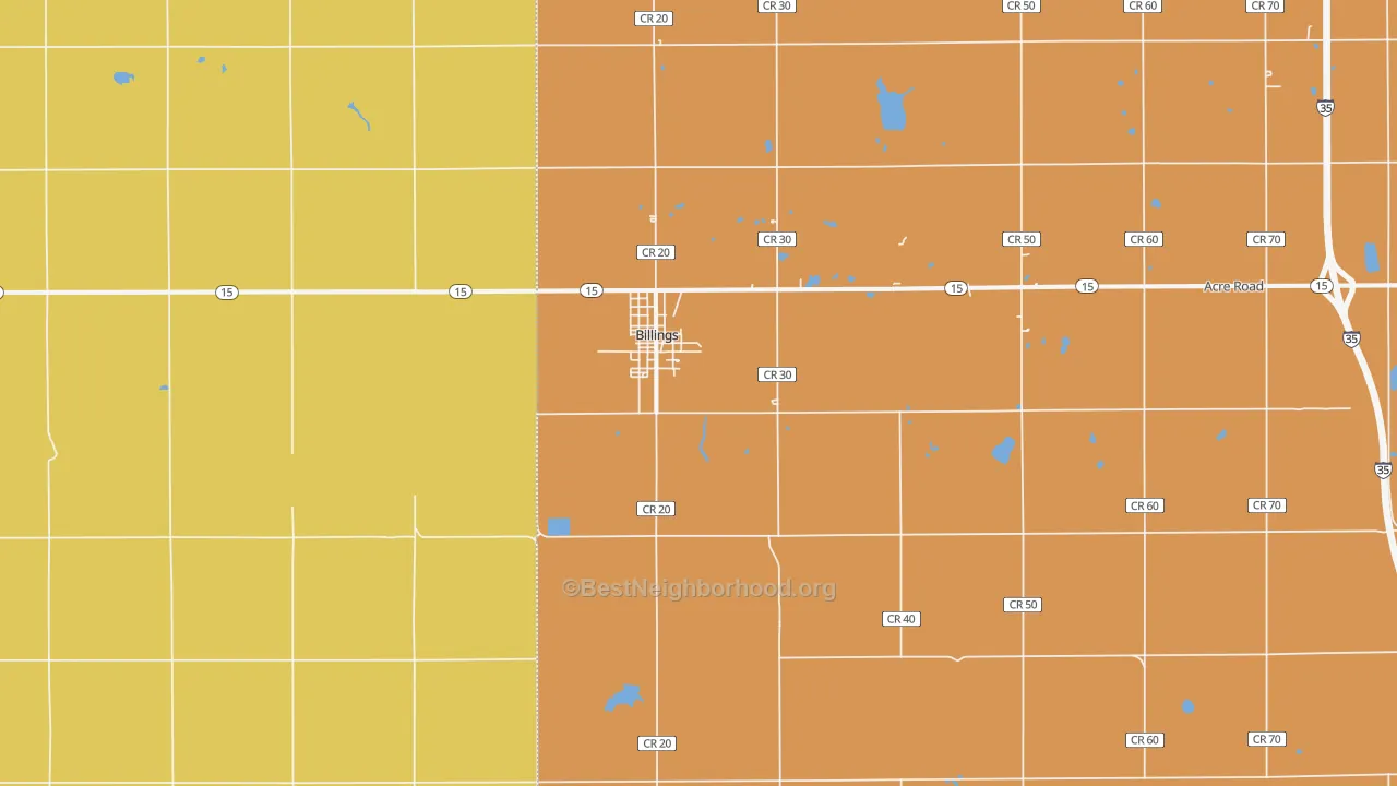 Map of the best neighborhoods in the 74630 area, with better matches in green and worse matches in red