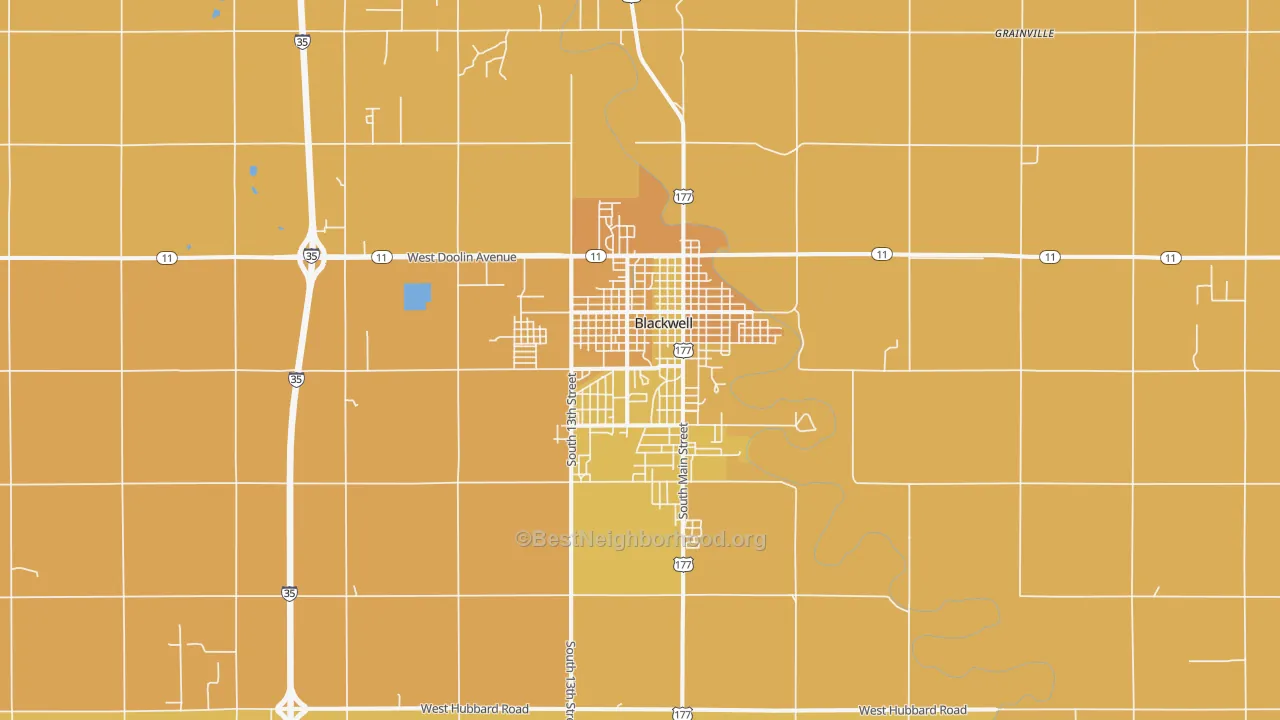 Map of the best neighborhoods in the 74631 area, with better matches in green and worse matches in red