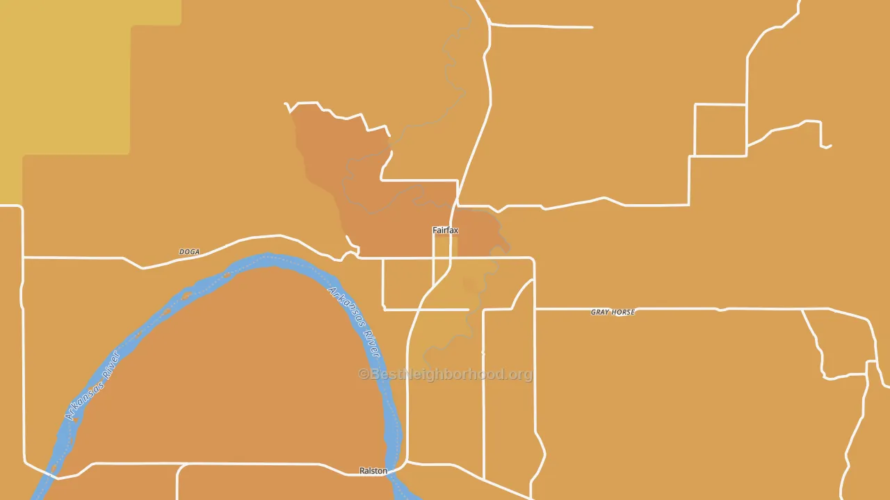 Map of the best neighborhoods in the 74637 area, with better matches in green and worse matches in red