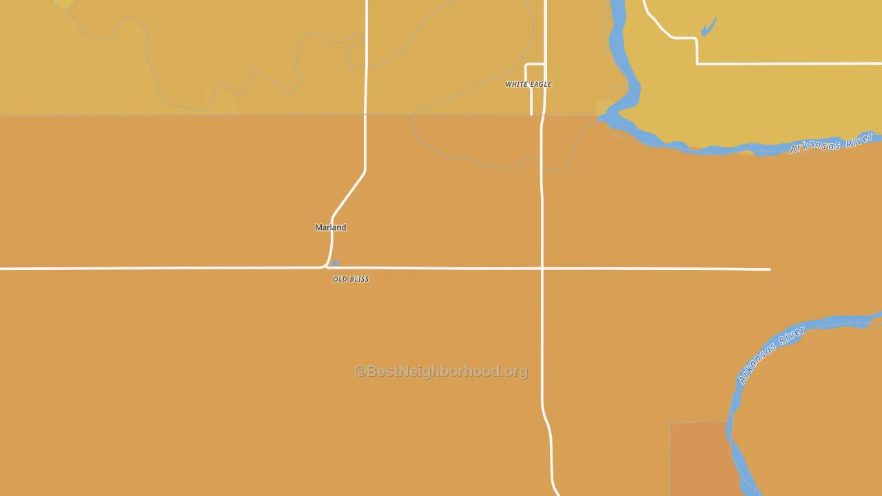 Map of the best neighborhoods in the 74644 area, with better matches in green and worse matches in red