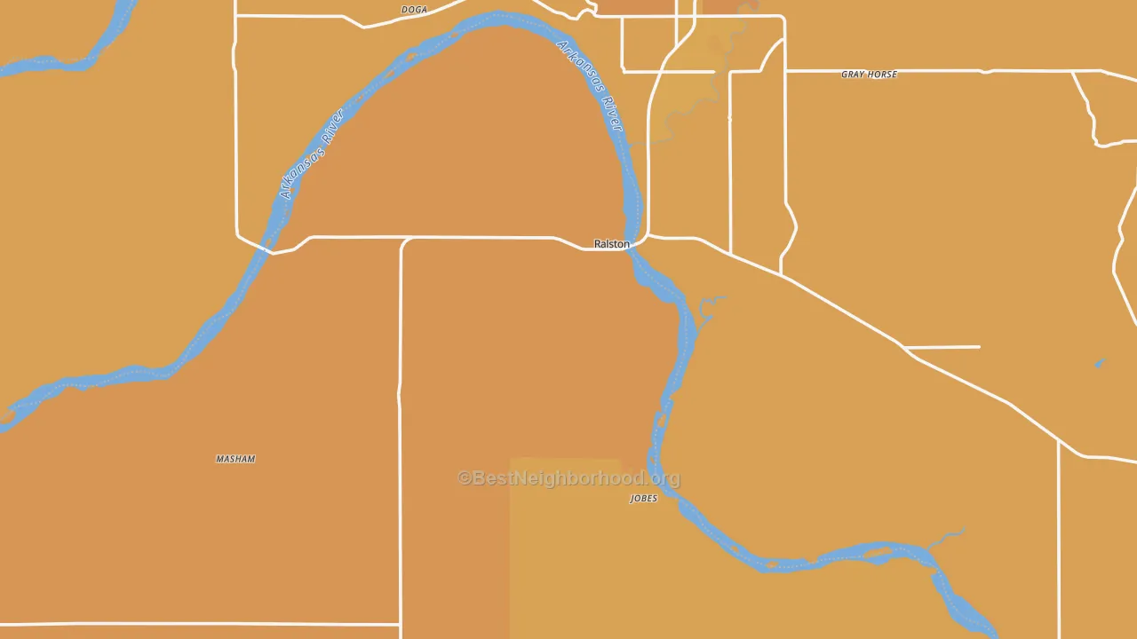 Map of the best neighborhoods in the 74650 area, with better matches in green and worse matches in red