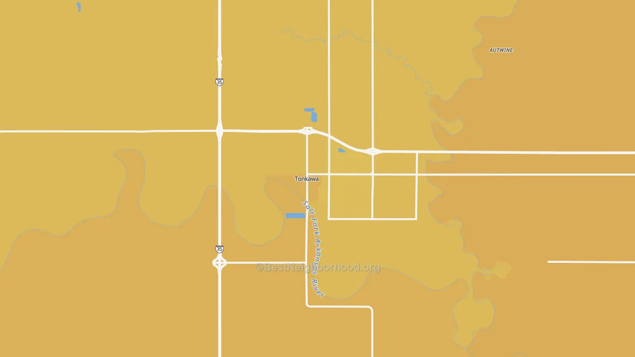 Map of the best neighborhoods in the 74653 area, with better matches in green and worse matches in red