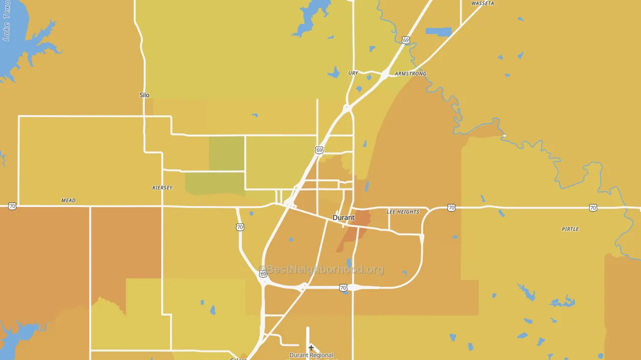 Map of the best neighborhoods in the 74701 area, with better matches in green and worse matches in red