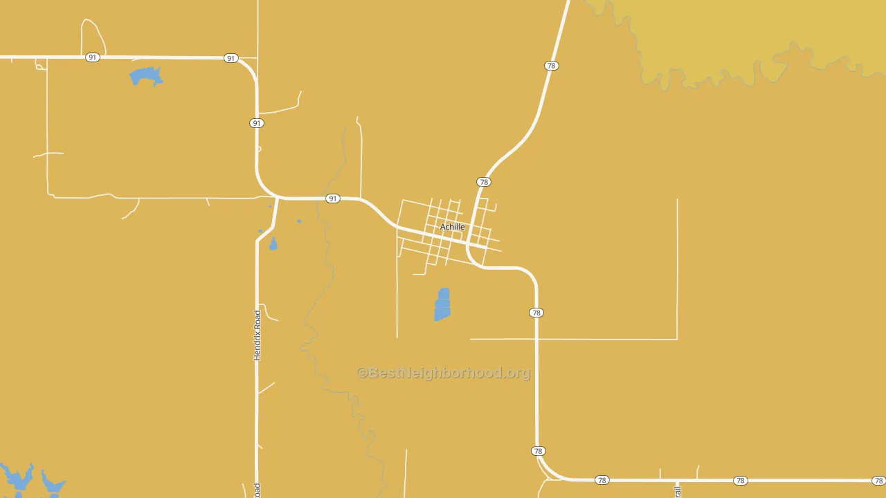 Map of the best neighborhoods in the 74720 area, with better matches in green and worse matches in red