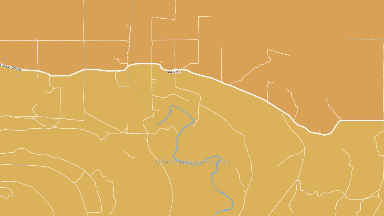 Map of the best neighborhoods in the 74722 area, with better matches in green and worse matches in red
