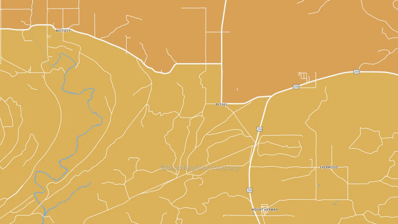 Map of the best neighborhoods in the 74724 area, with better matches in green and worse matches in red