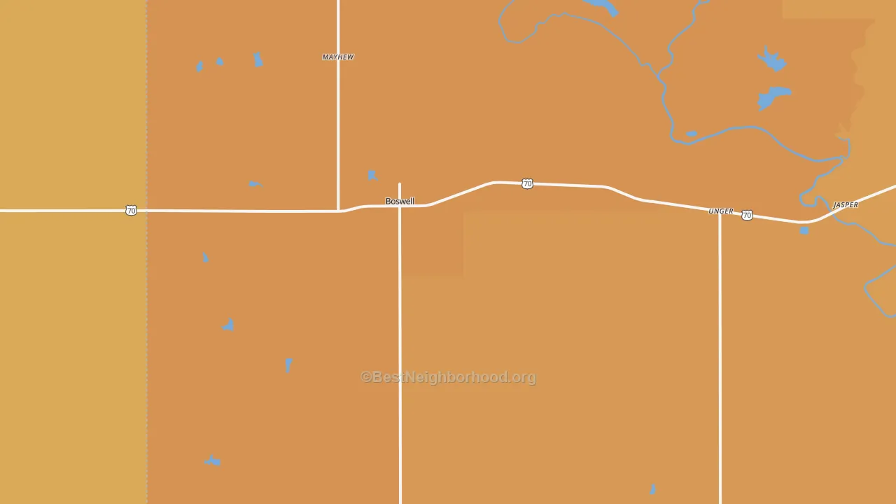 Map of the best neighborhoods in the 74727 area, with better matches in green and worse matches in red
