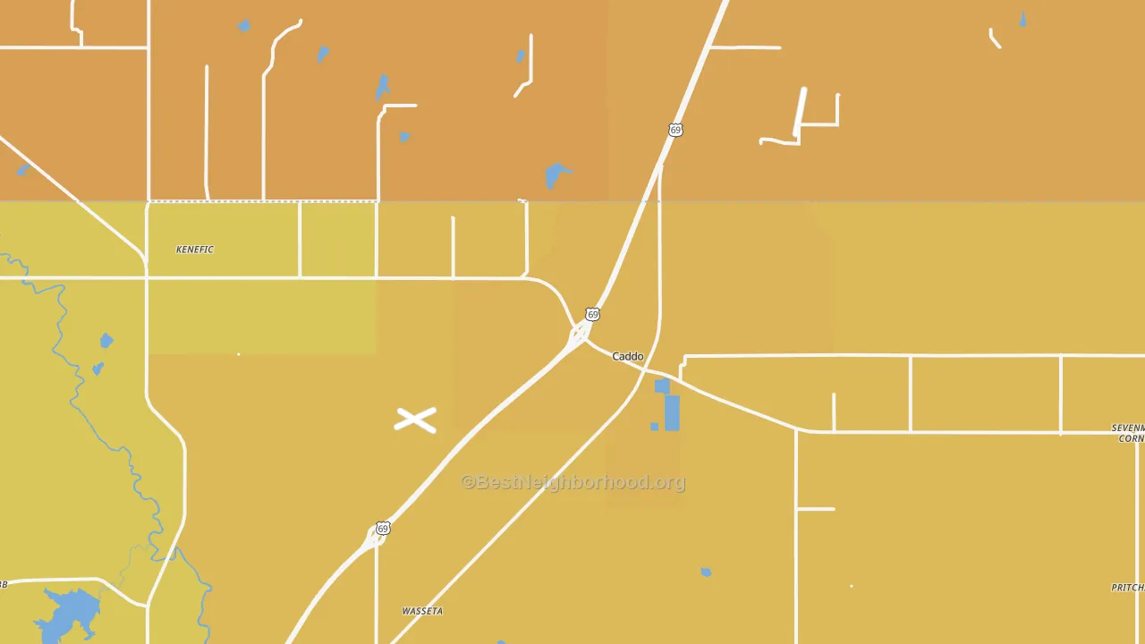 Map of the best neighborhoods in the 74729 area, with better matches in green and worse matches in red