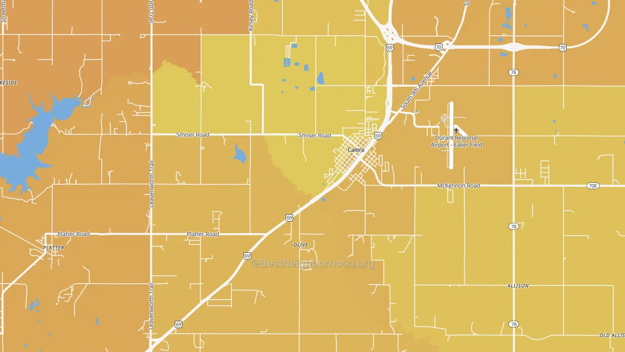 Map of the best neighborhoods in the 74730 area, with better matches in green and worse matches in red
