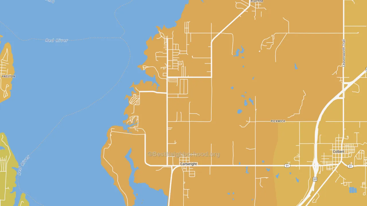 Map of the best neighborhoods in the 74731 area, with better matches in green and worse matches in red