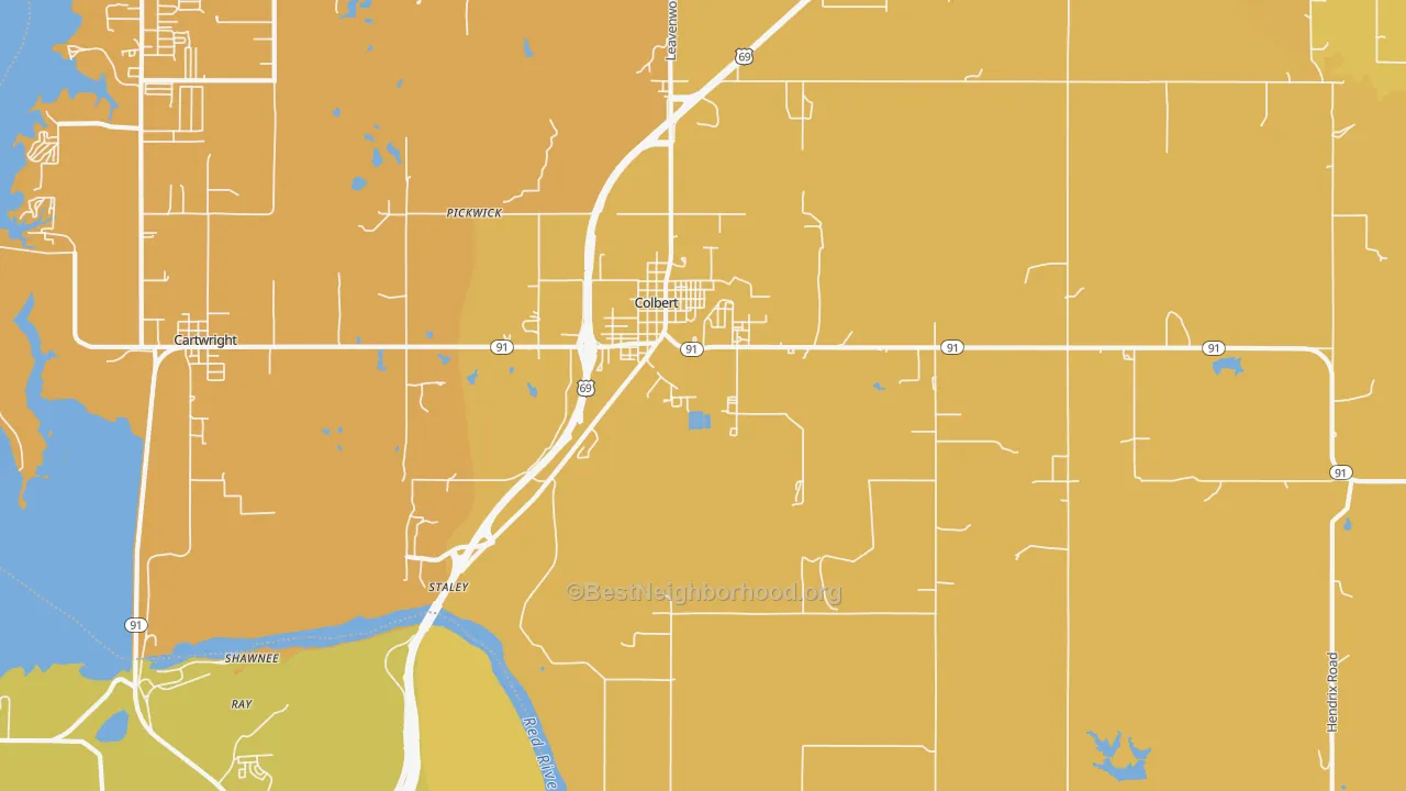 Map of the best neighborhoods in the 74733 area, with better matches in green and worse matches in red