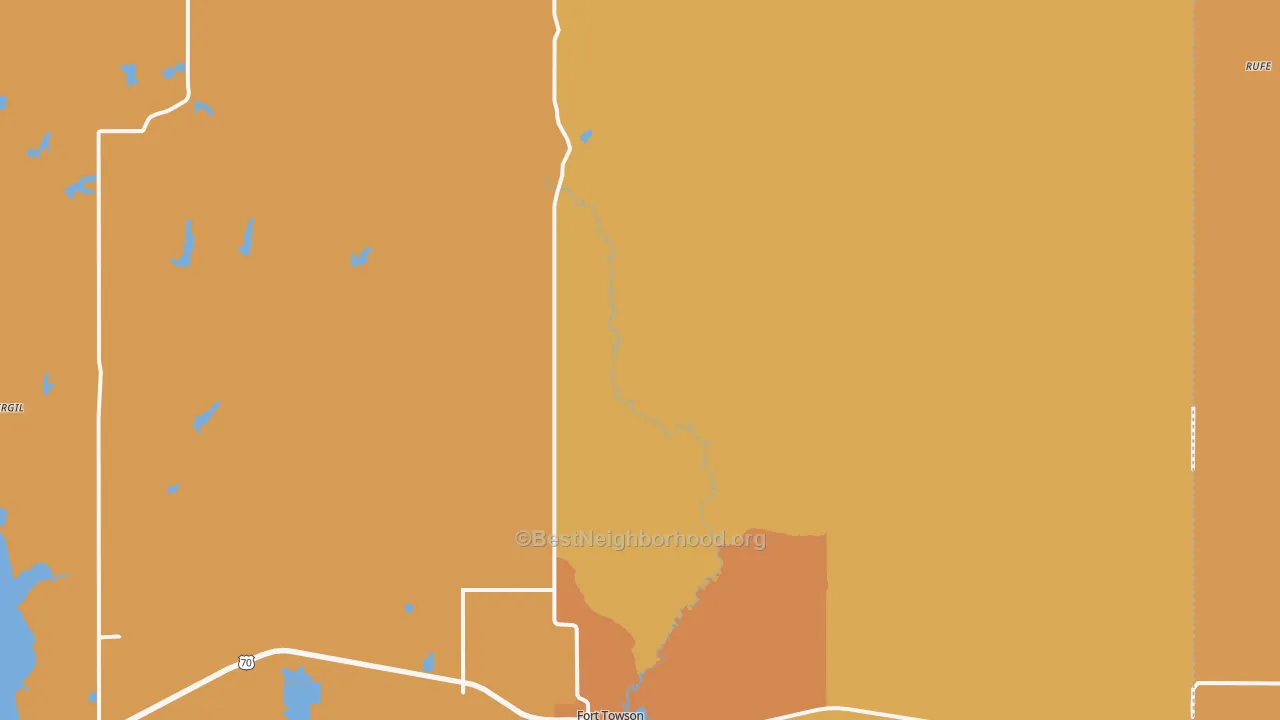 Map of the best neighborhoods in the 74735 area, with better matches in green and worse matches in red