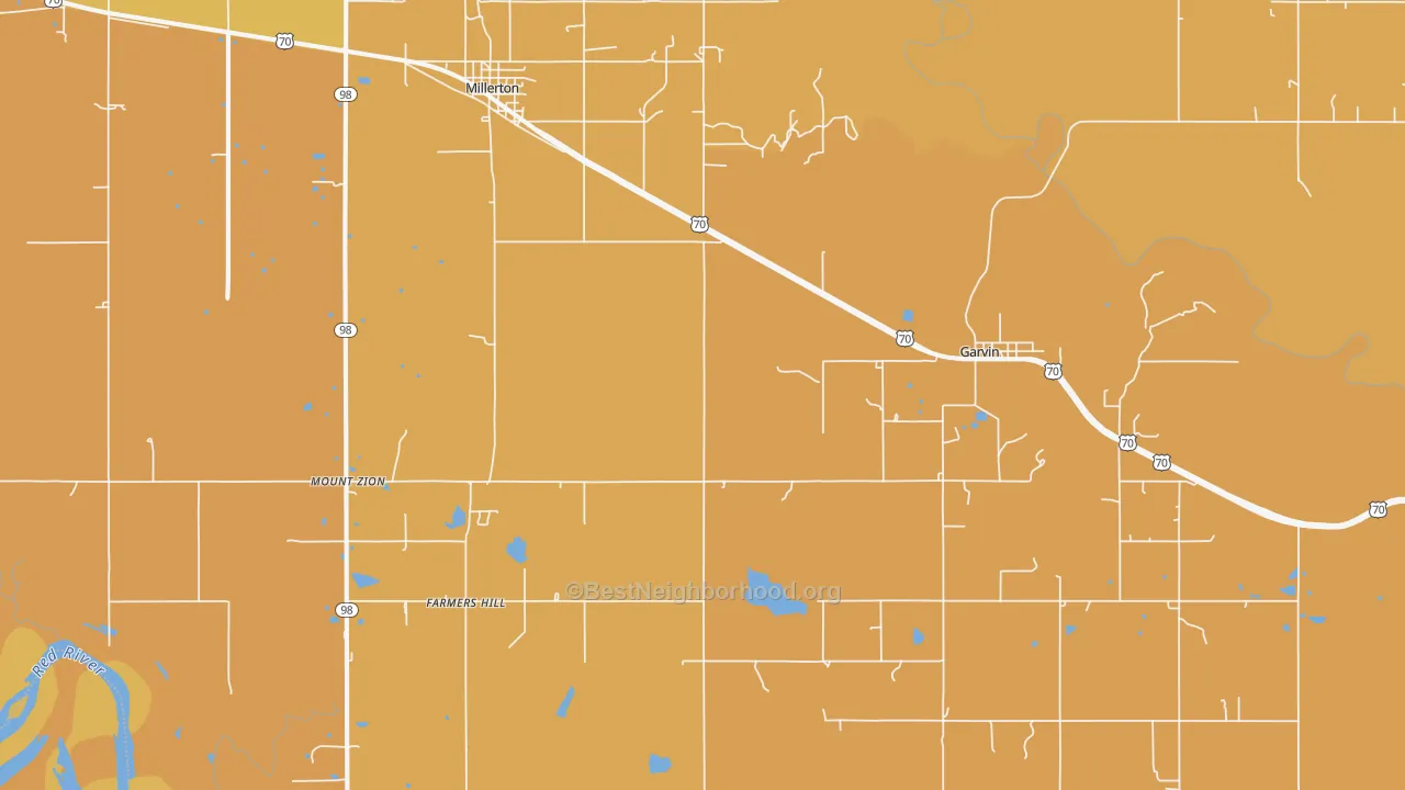 Map of the best neighborhoods in the 74736 area, with better matches in green and worse matches in red