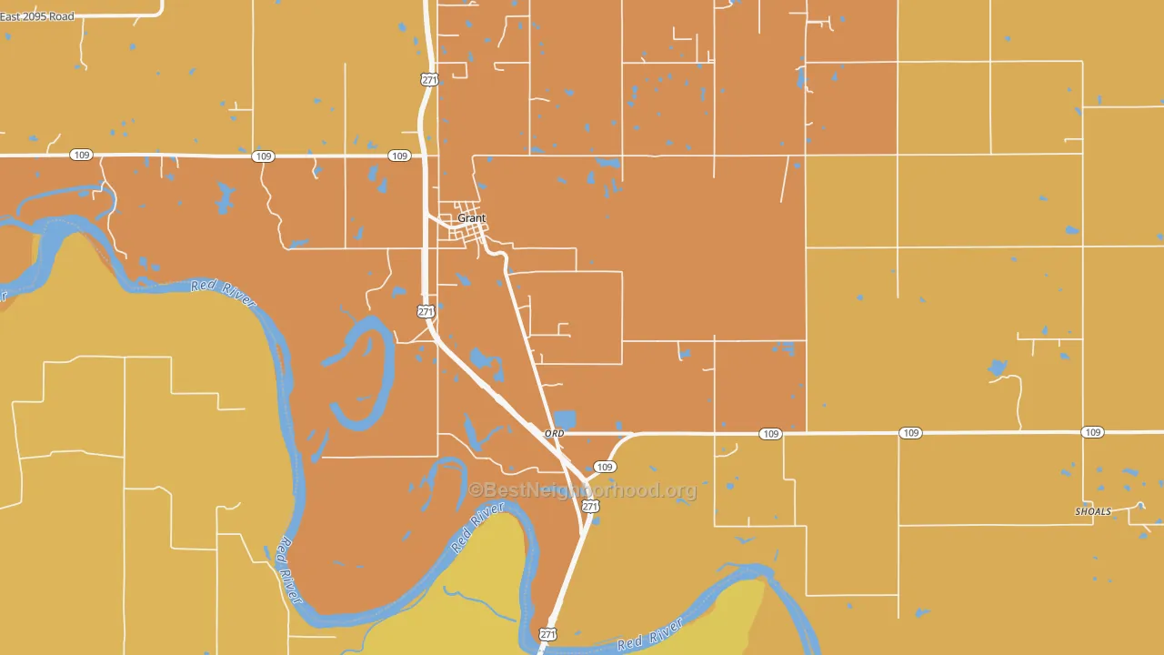 Map of the best neighborhoods in the 74738 area, with better matches in green and worse matches in red