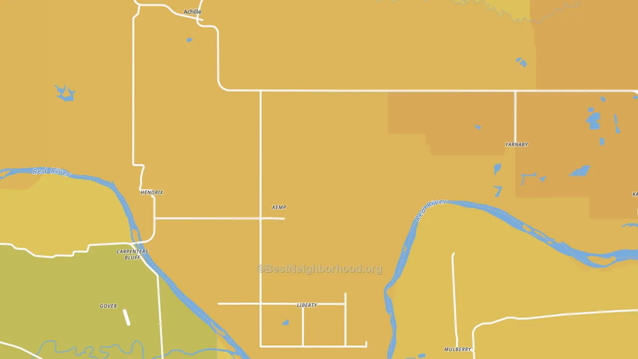 Map of the best neighborhoods in the 74741 area, with better matches in green and worse matches in red