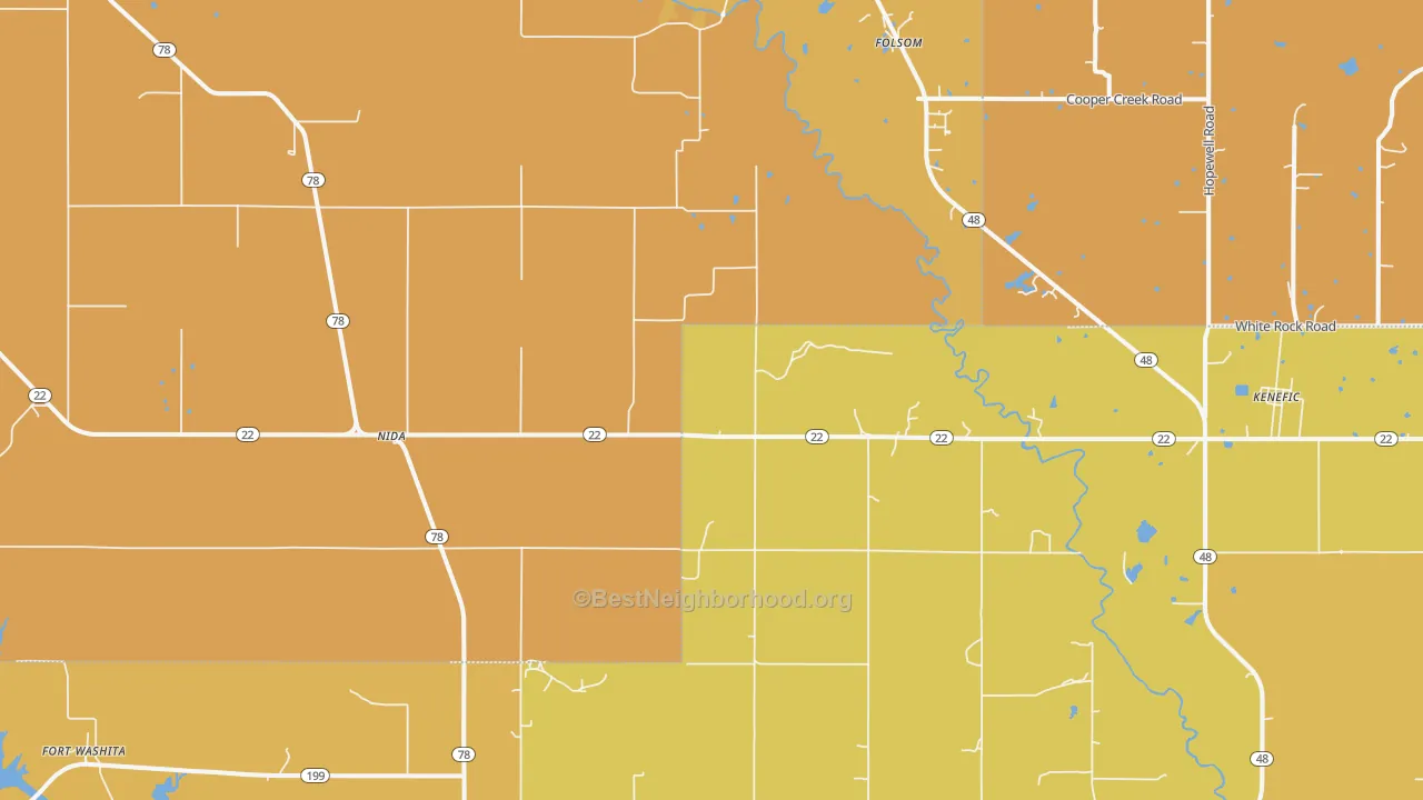 Map of the best neighborhoods in the 74748 area, with better matches in green and worse matches in red