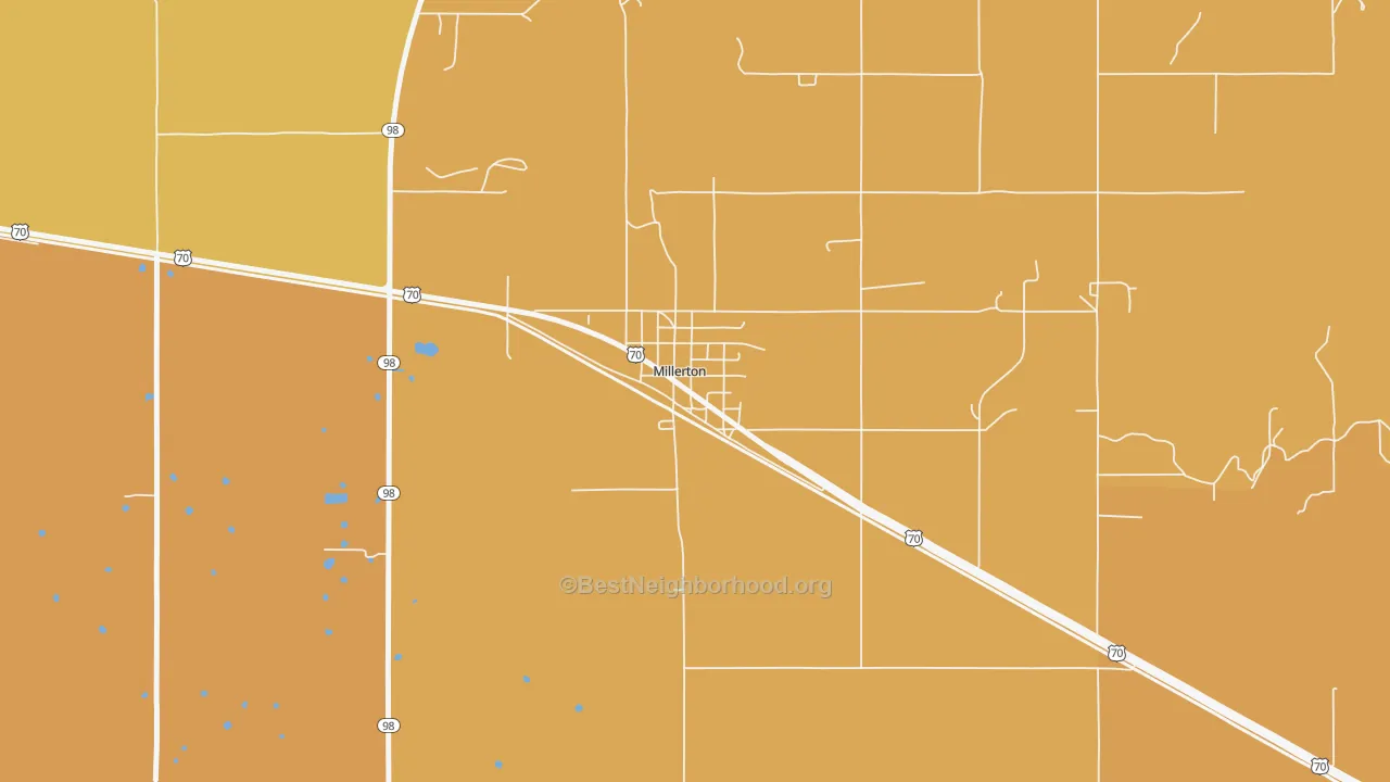Map of the best neighborhoods in the 74750 area, with better matches in green and worse matches in red