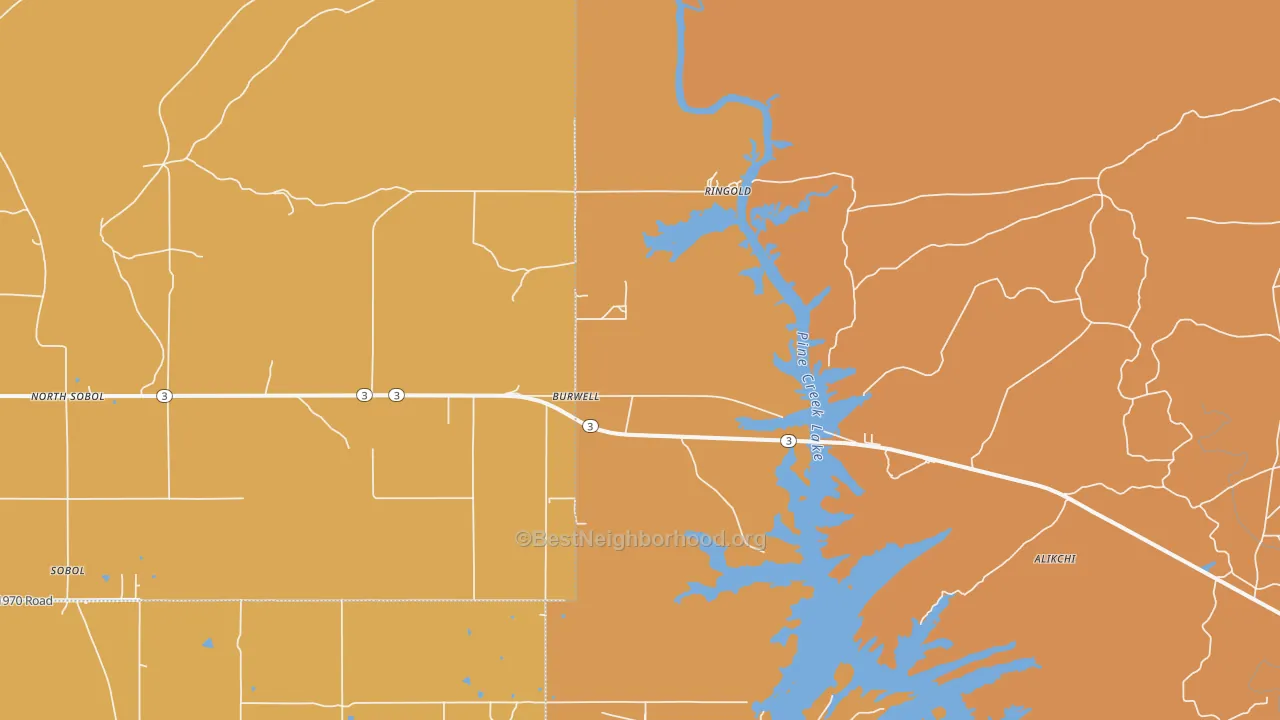 Map of the best neighborhoods in the 74754 area, with better matches in green and worse matches in red