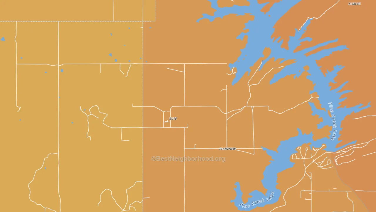 Map of the best neighborhoods in the 74755 area, with better matches in green and worse matches in red