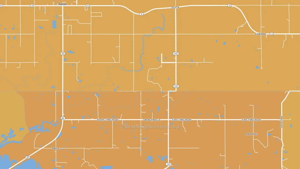 Map of the best neighborhoods in the 74760 area, with better matches in green and worse matches in red
