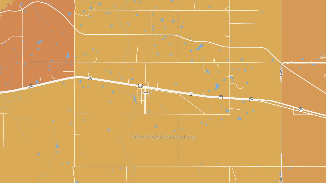 Map of the best neighborhoods in the 74761 area, with better matches in green and worse matches in red