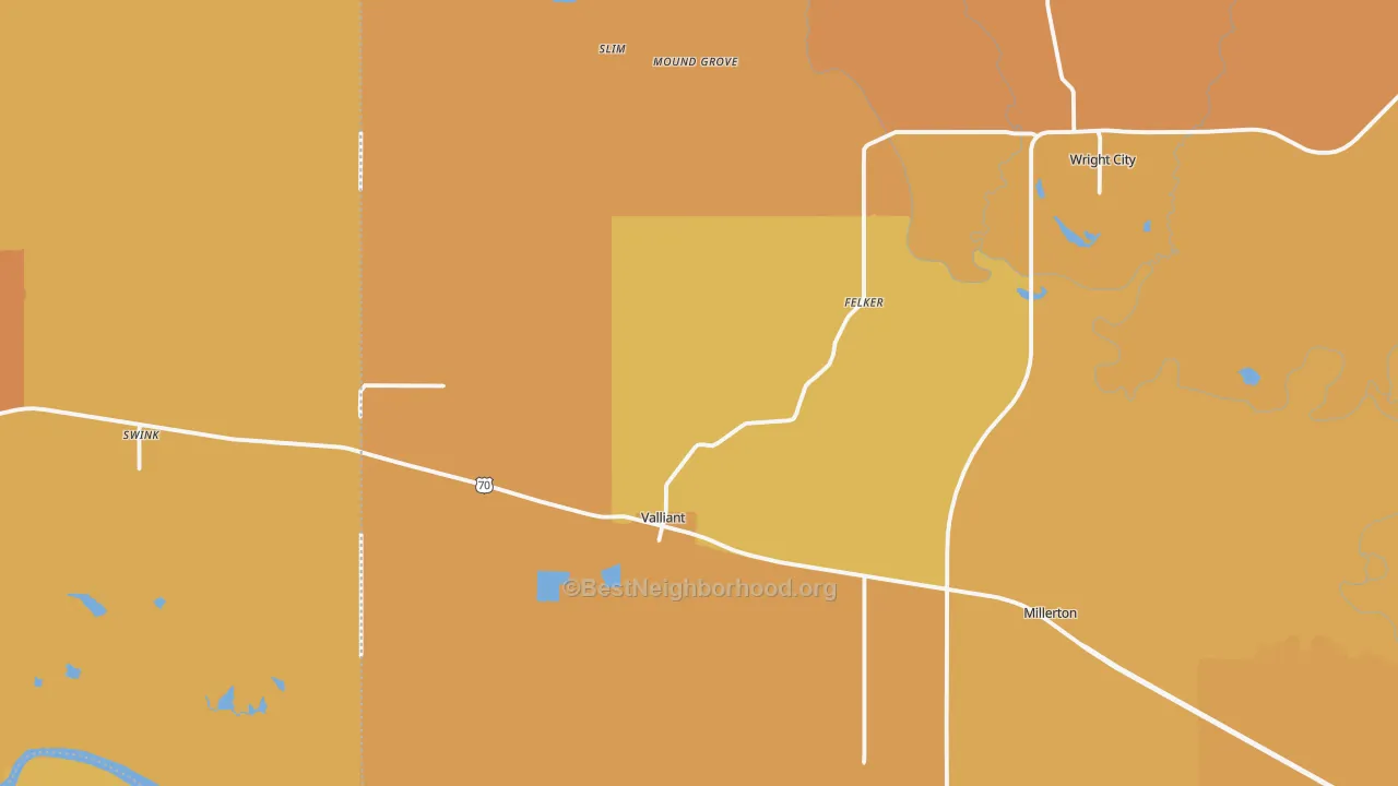 Map of the best neighborhoods in the 74764 area, with better matches in green and worse matches in red