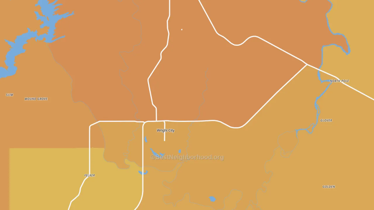 Map of the best neighborhoods in the 74766 area, with better matches in green and worse matches in red