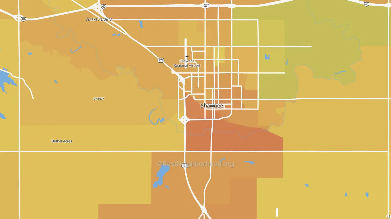 Map of the best neighborhoods in the 74801 area, with better matches in green and worse matches in red