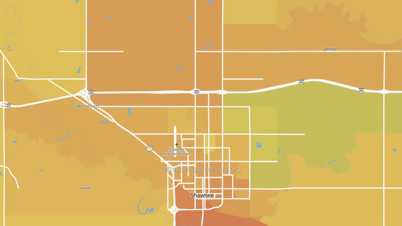 Map of the best neighborhoods in the 74804 area, with better matches in green and worse matches in red
