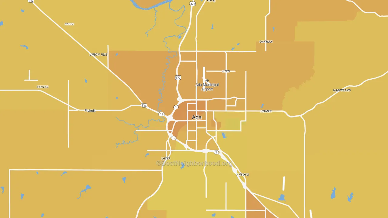 Map of the best neighborhoods in the 74820 area, with better matches in green and worse matches in red