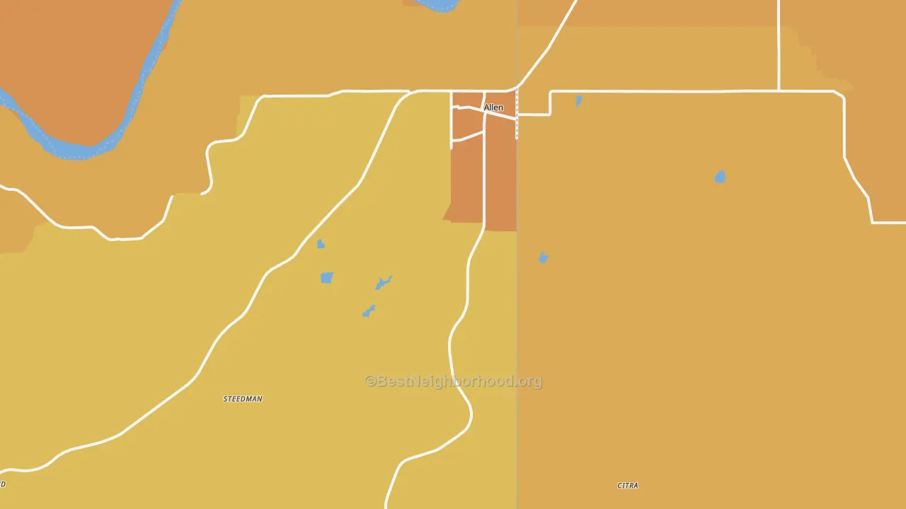 Map of the best neighborhoods in the 74825 area, with better matches in green and worse matches in red