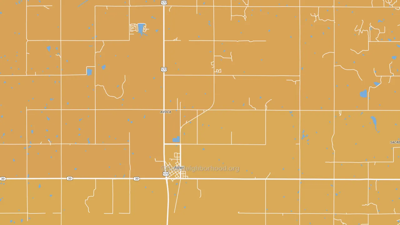 Map of the best neighborhoods in the 74826 area, with better matches in green and worse matches in red