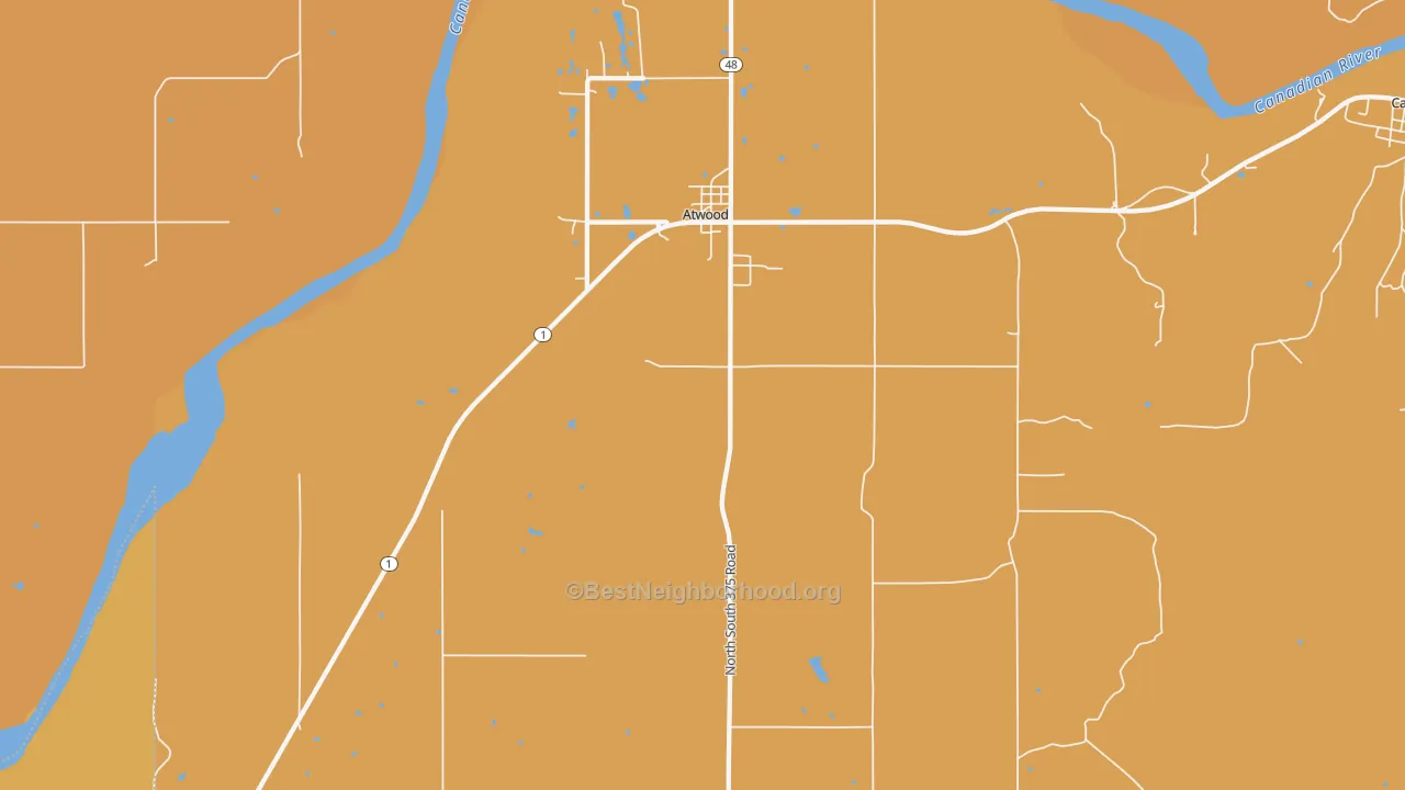 Map of the best neighborhoods in the 74827 area, with better matches in green and worse matches in red