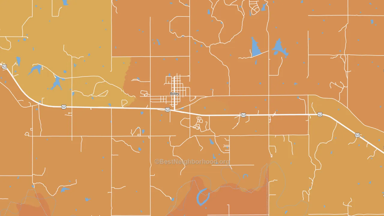 Map of the best neighborhoods in the 74829 area, with better matches in green and worse matches in red
