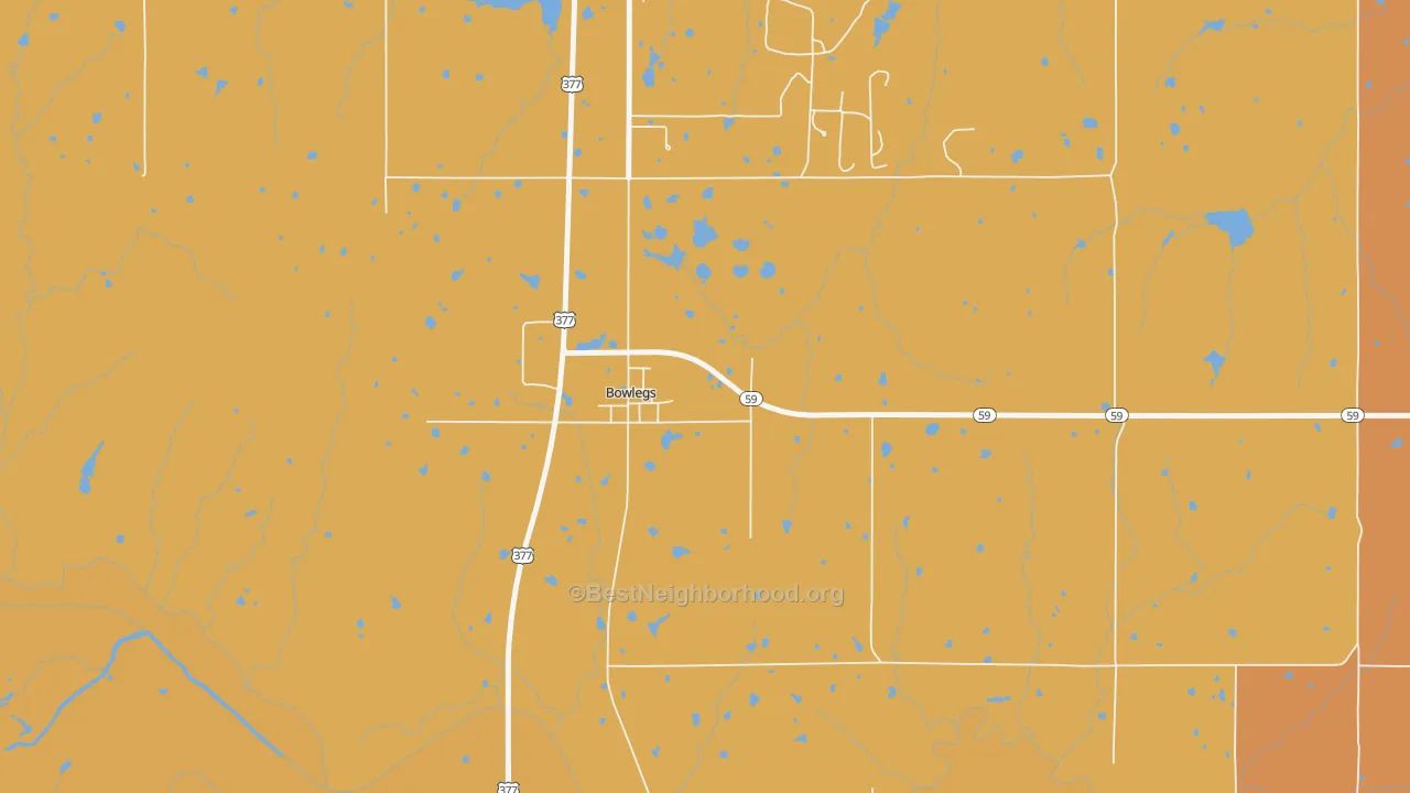 Map of the best neighborhoods in the 74830 area, with better matches in green and worse matches in red