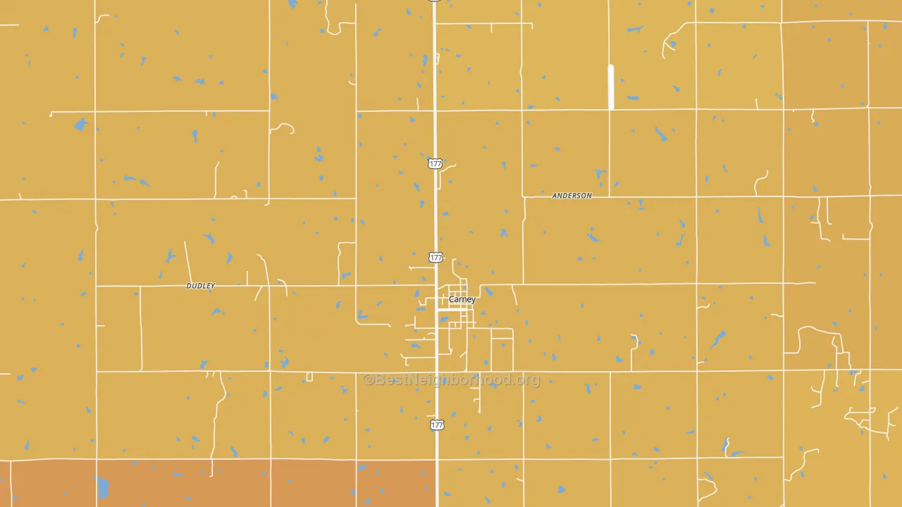 Map of the best neighborhoods in the 74832 area, with better matches in green and worse matches in red