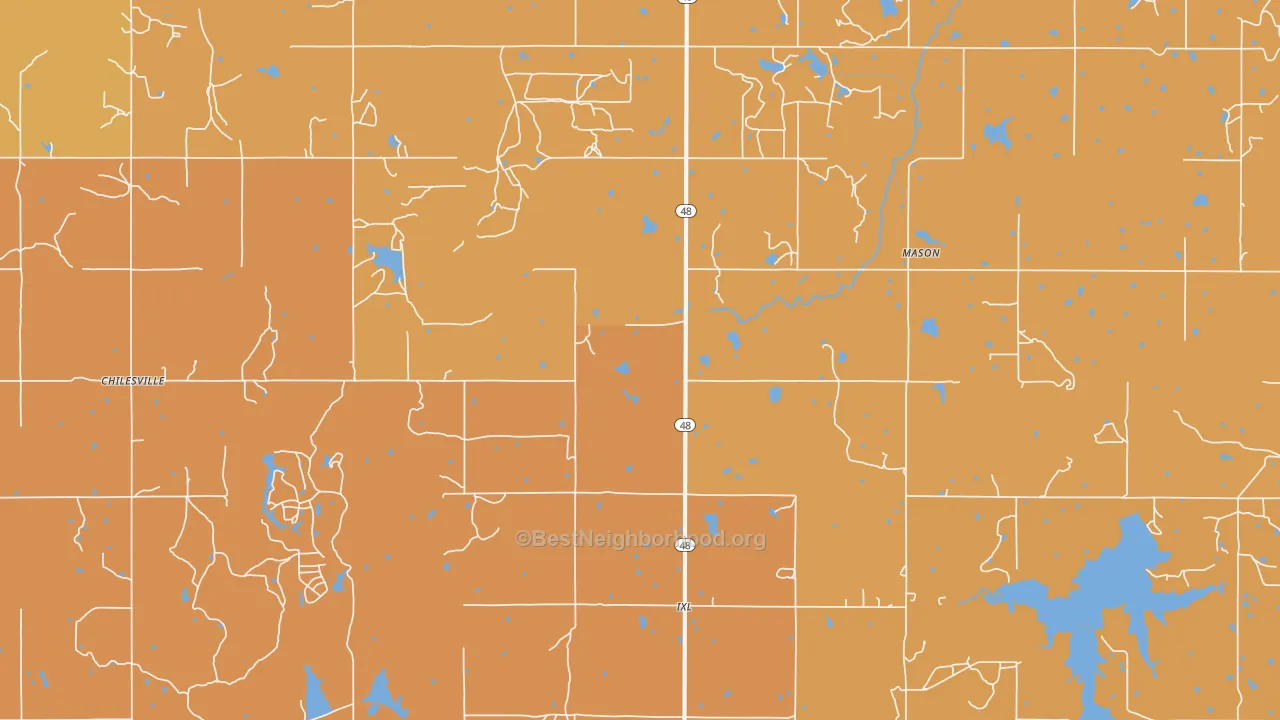 Map of the best neighborhoods in the 74833 area, with better matches in green and worse matches in red