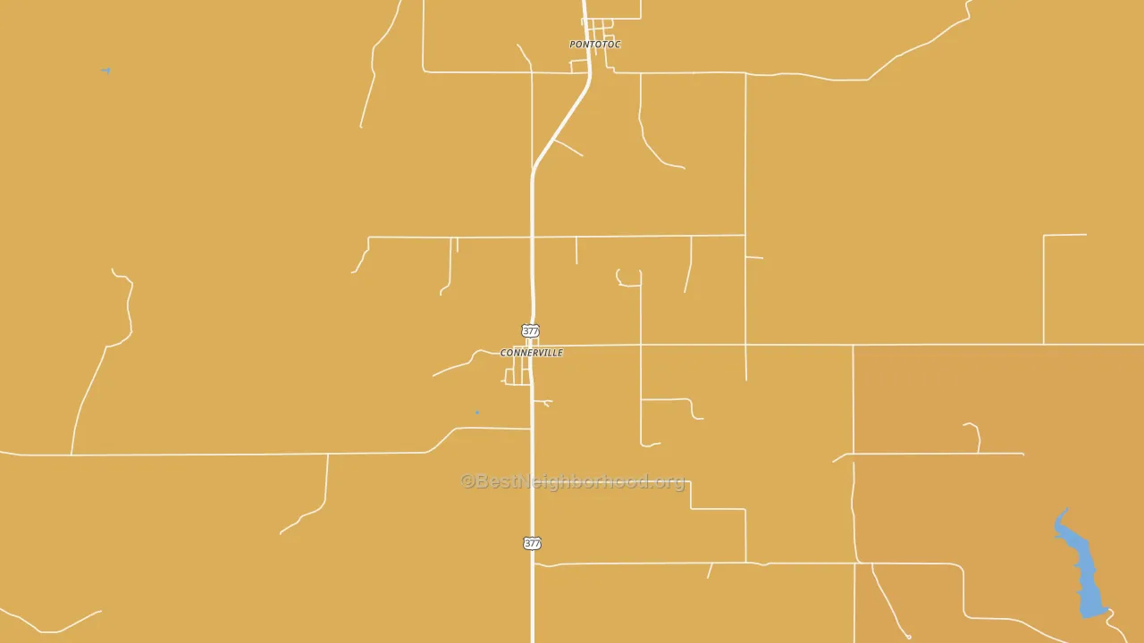 Map of the best neighborhoods in the 74836 area, with better matches in green and worse matches in red