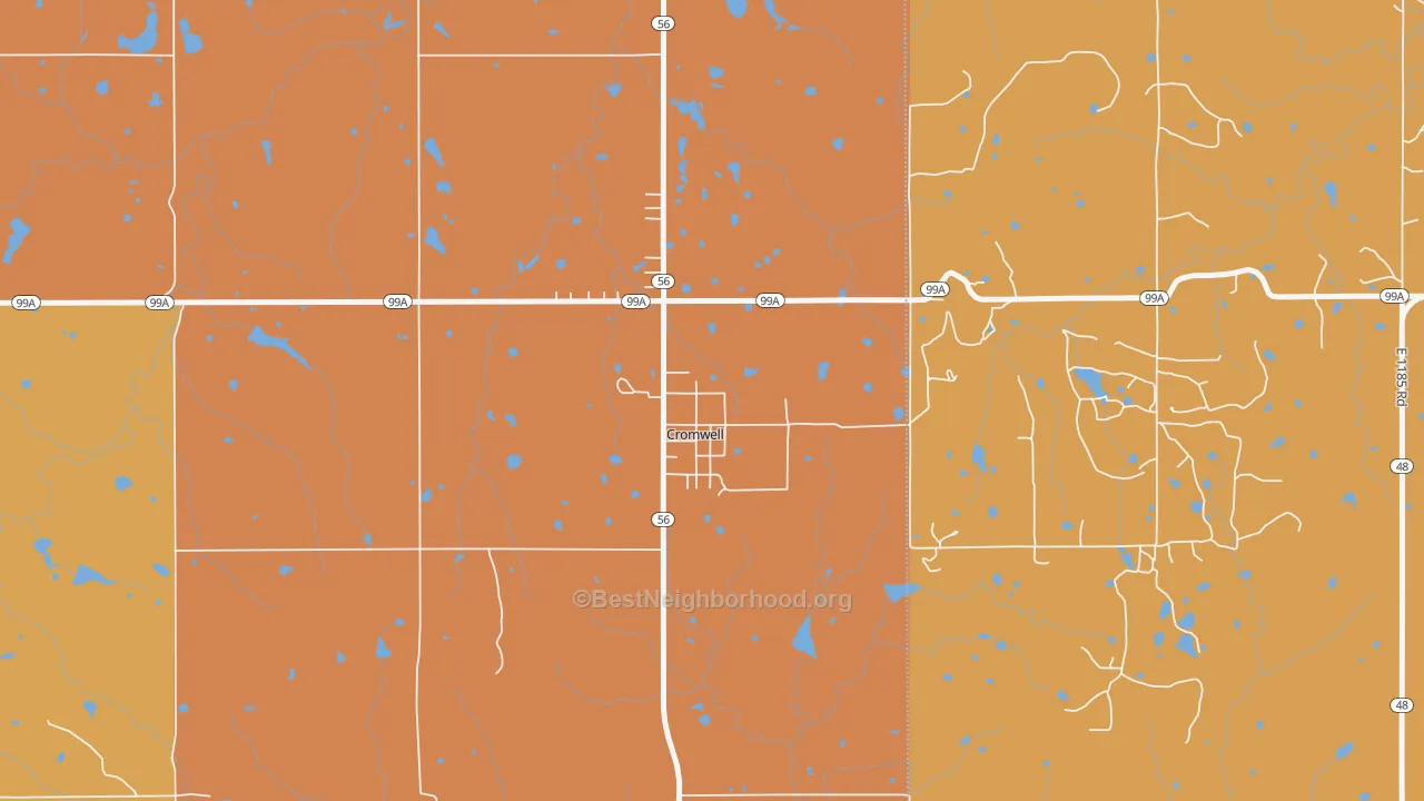 Map of the best neighborhoods in the 74837 area, with better matches in green and worse matches in red