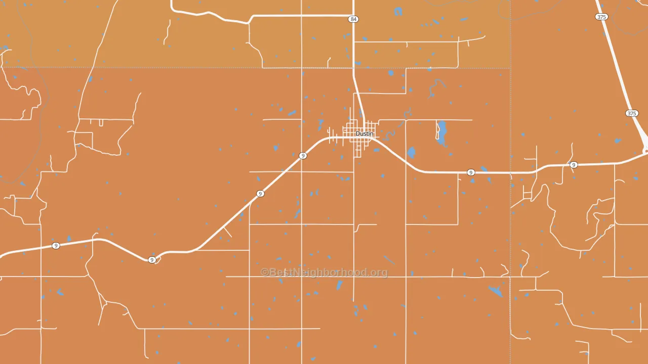 Map of the best neighborhoods in the 74839 area, with better matches in green and worse matches in red
