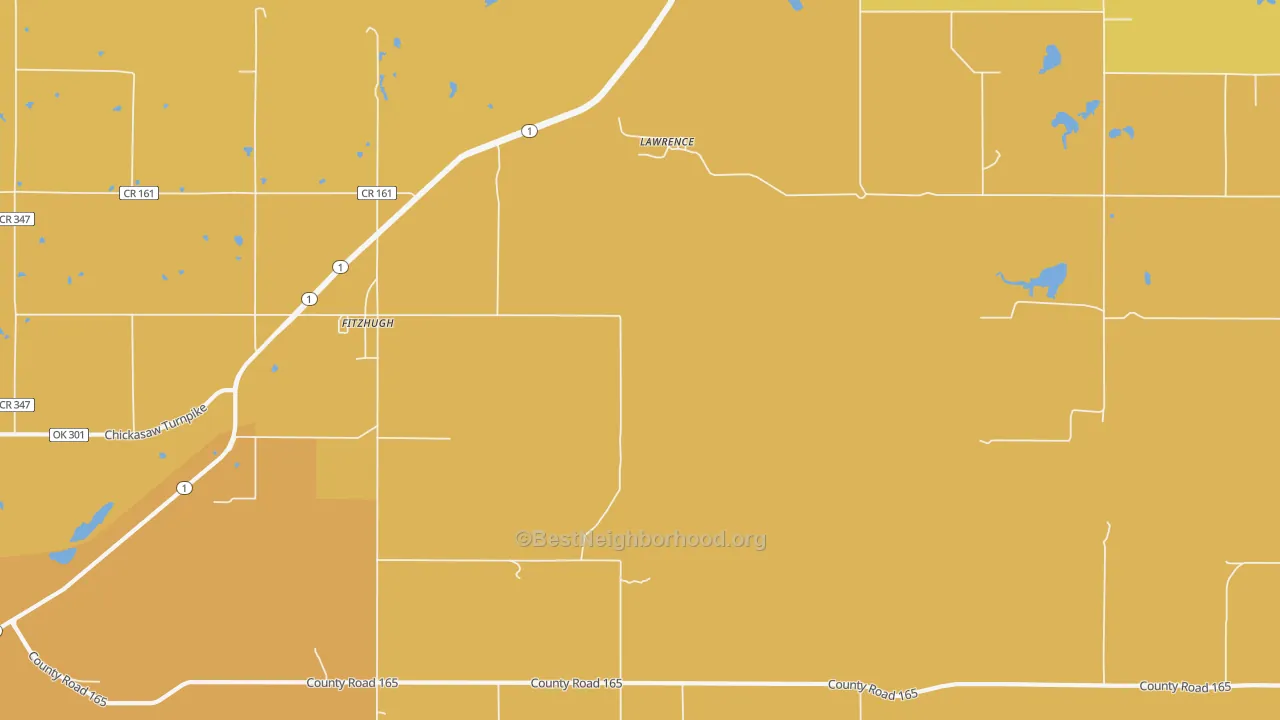 Map of the best neighborhoods in the 74843 area, with better matches in green and worse matches in red