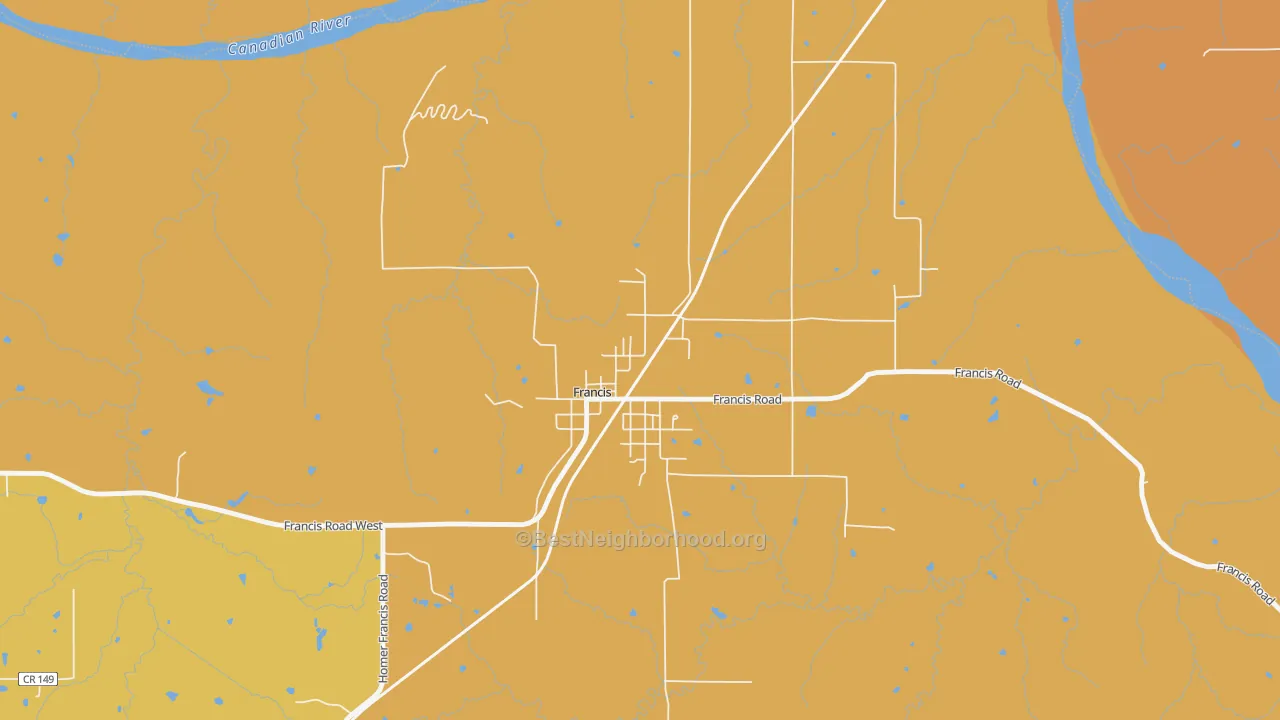 Map of the best neighborhoods in the 74844 area, with better matches in green and worse matches in red