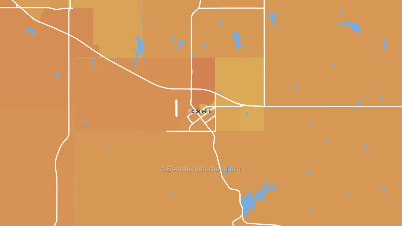 Map of the best neighborhoods in the 74848 area, with better matches in green and worse matches in red