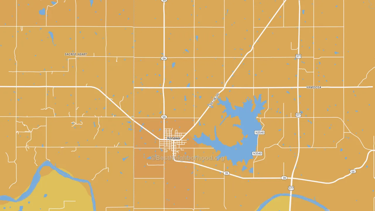 Map of the best neighborhoods in the 74849 area, with better matches in green and worse matches in red
