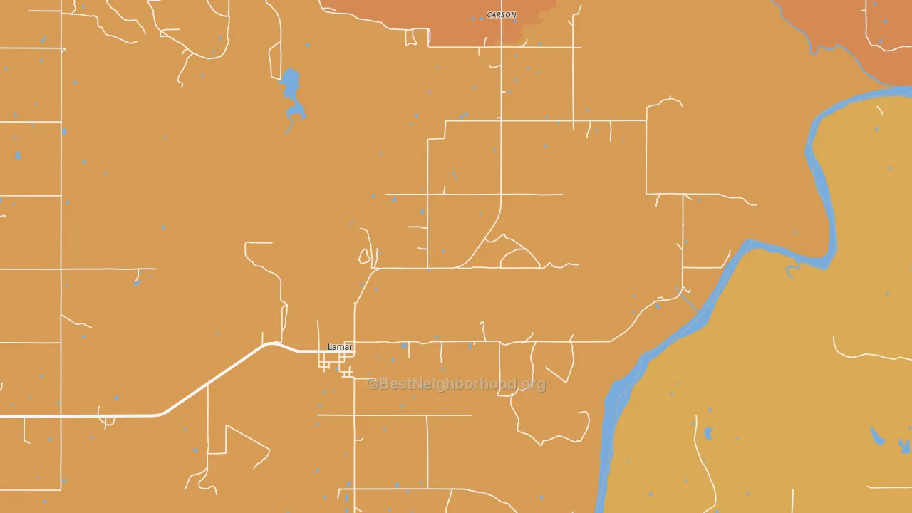 Map of the best neighborhoods in the 74850 area, with better matches in green and worse matches in red
