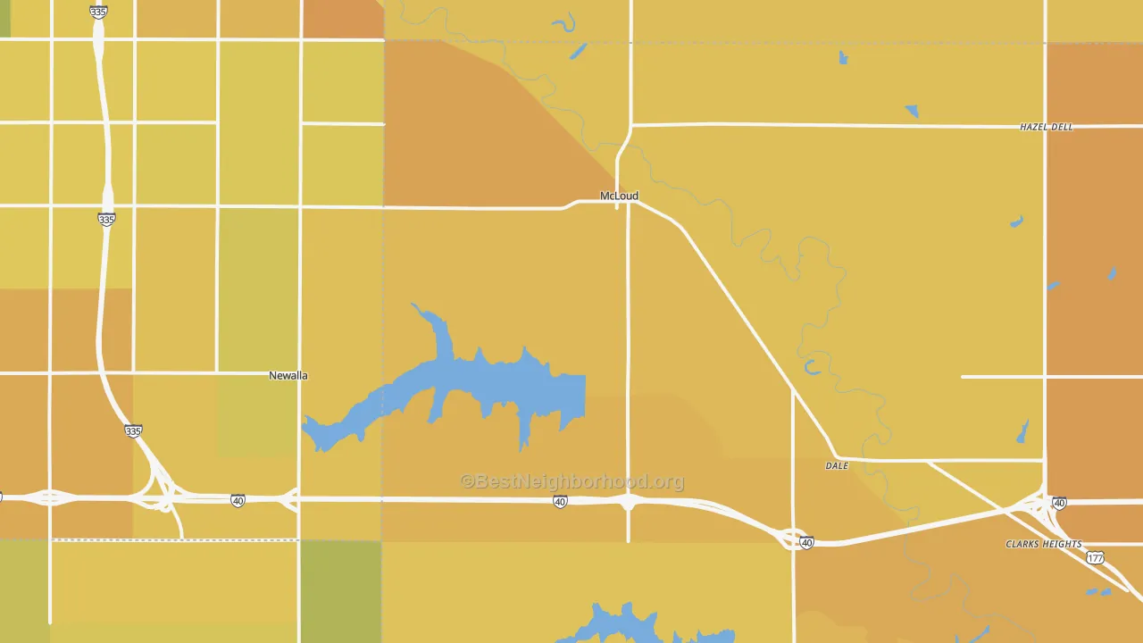 Map of the best neighborhoods in the 74851 area, with better matches in green and worse matches in red