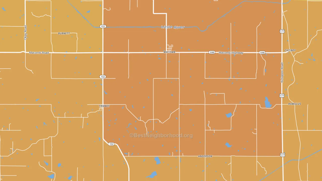 Map of the best neighborhoods in the 74852 area, with better matches in green and worse matches in red